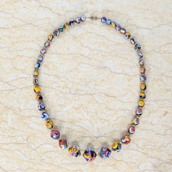 VintageMurano Millefiori Italian Colorful Glass Graduated Bead Necklace